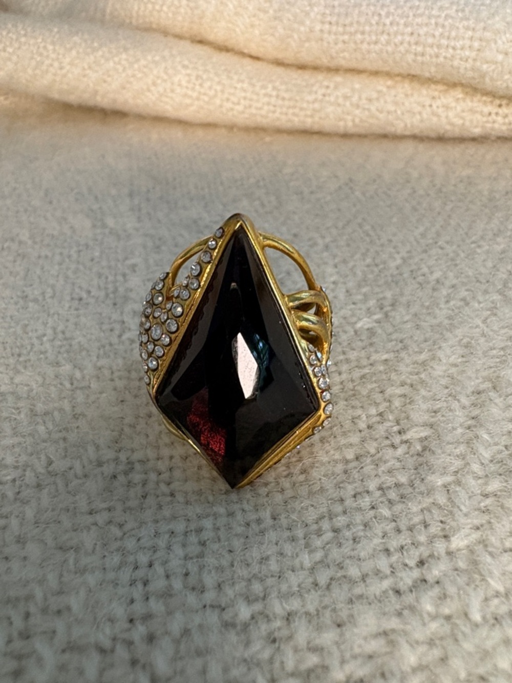 Alexis Bittar Gold Ring with Black Gemstone and Crystal Accents